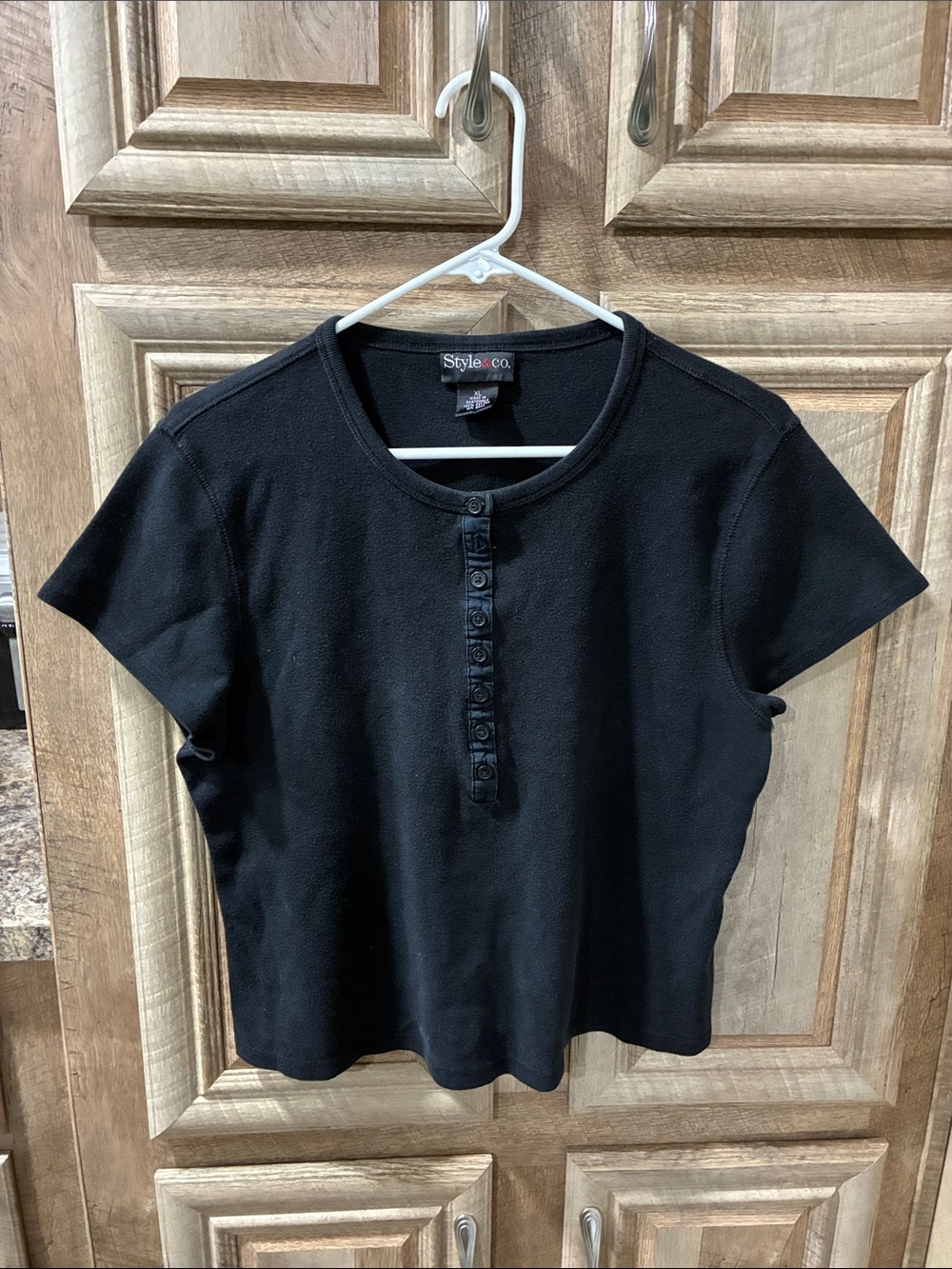 Style & Co. Black Short-Sleeve Henley Top